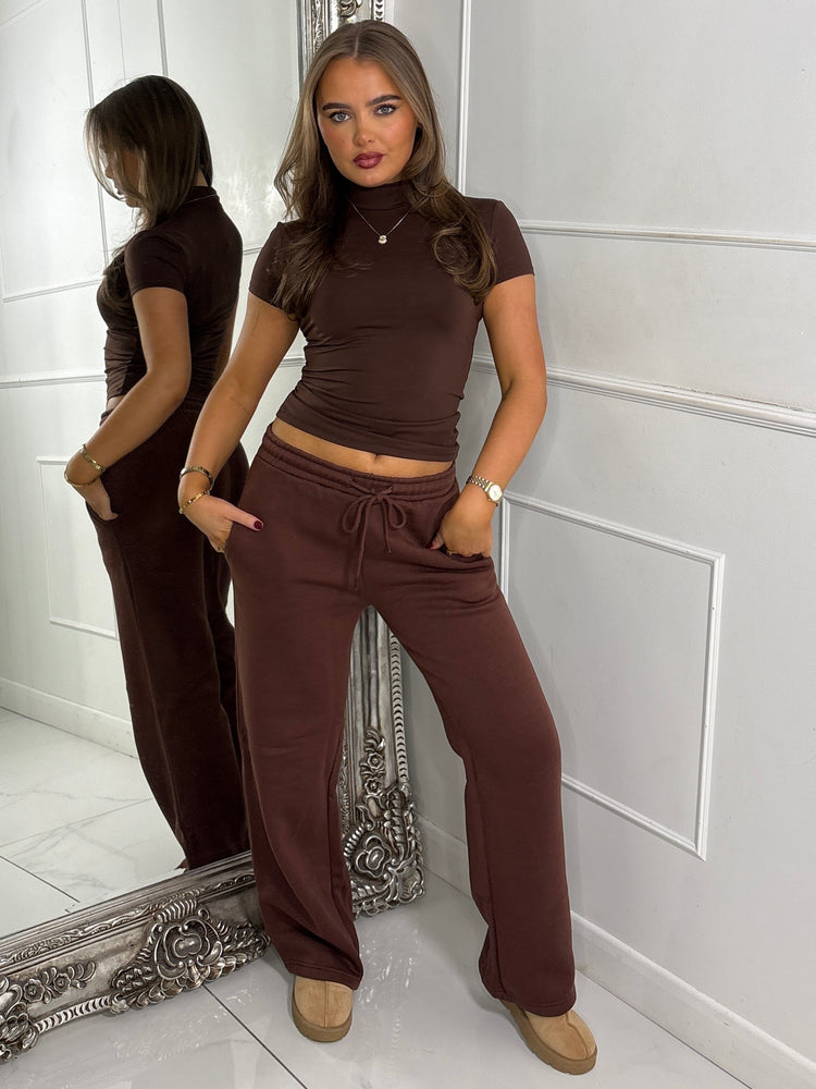 High Neck Short Sleeve Top Second Skin - Brown