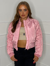 Ruched Sleeve Bomber Jacket - Baby Pink