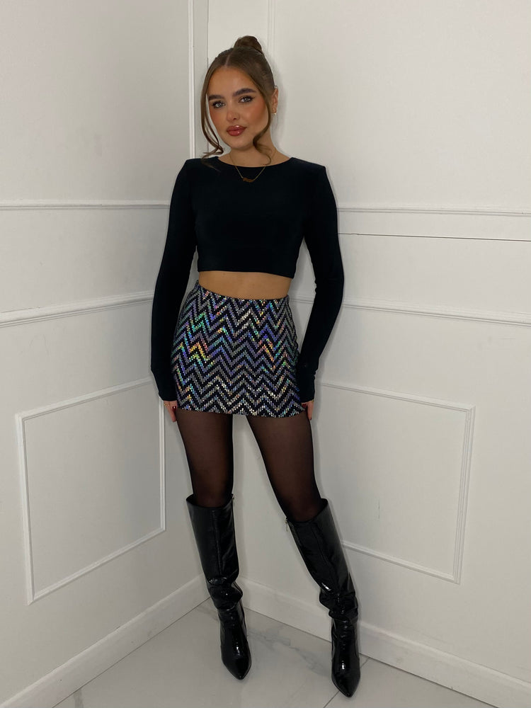 Holographic Sequin Mini Skirt - Silver Zigzag