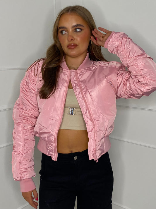 Ruched Sleeve Bomber Jacket - Baby Pink