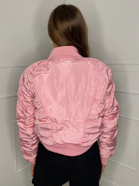 Ruched Sleeve Bomber Jacket - Baby Pink