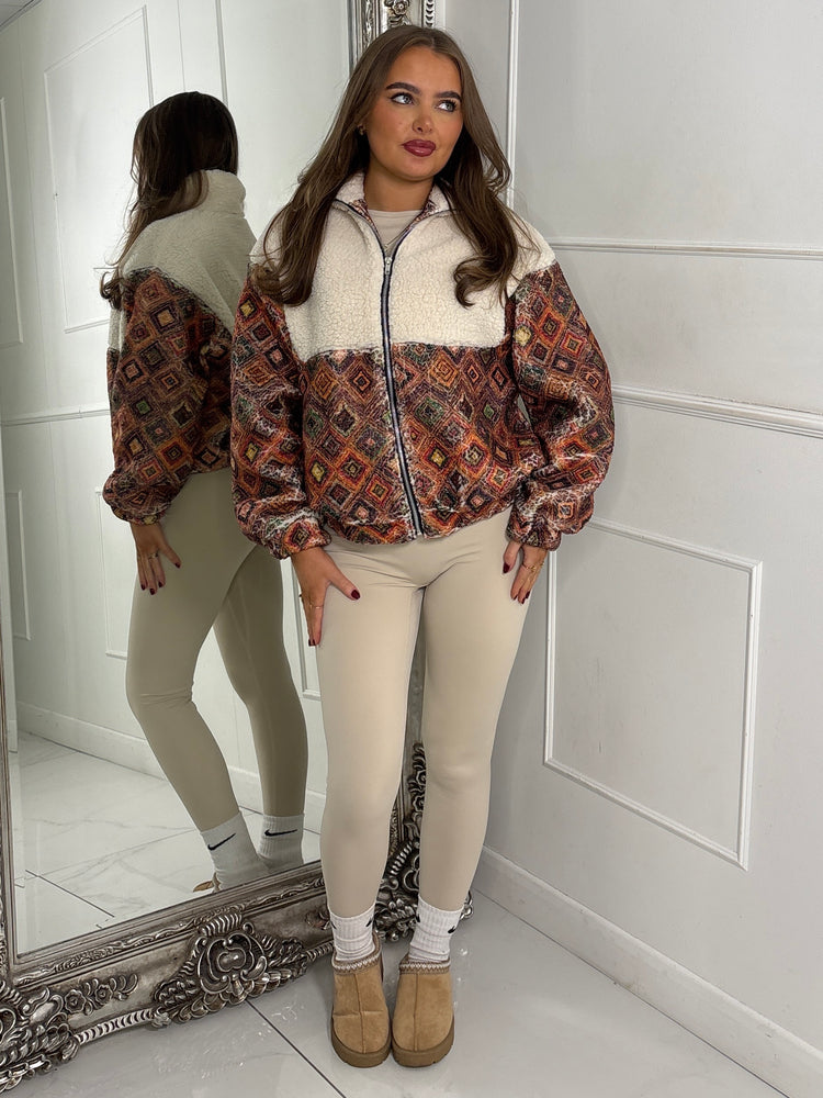 Zip Up 1/2 Printed Fleece Jacket - Beige/Orange Diamond