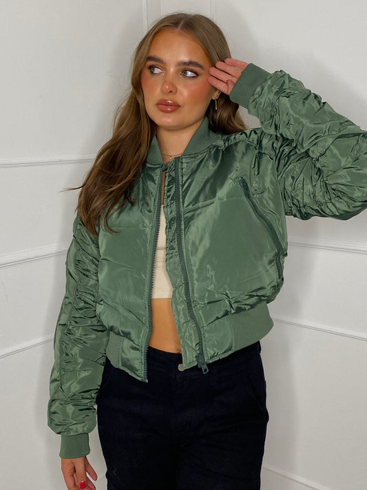 Ruched Sleeve Bomber Jacket - Khaki