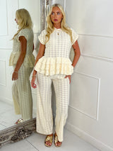 Cheesecloth Oversized Frill Bottom Top & Wide Leg Pants Co-Ord - Cream
