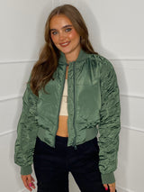 Ruched Sleeve Bomber Jacket - Khaki