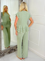Cheesecloth Oversized Frill Bottom Top & Wide Leg Pants Co-Ord - Sage Green