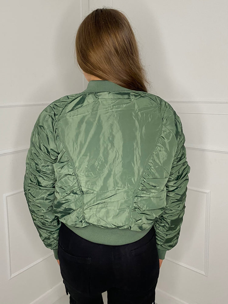 Ruched Sleeve Bomber Jacket - Khaki