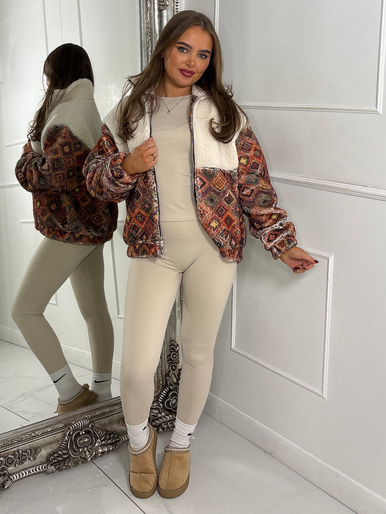 Zip Up 1/2 Printed Fleece Jacket - Beige/Orange Diamond