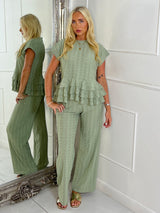 Cheesecloth Oversized Frill Bottom Top & Wide Leg Pants Co-Ord - Sage Green