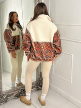 Zip Up 1/2 Printed Fleece Jacket - Beige/Orange Diamond