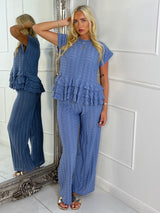 Cheesecloth Oversized Frill Bottom Top & Wide Leg Pants Co-Ord - Denim Blue