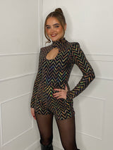 Holographic Sequin Keyhole Padded Shoulder Playsuit - Gold Zigzag