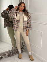 Zip Up 1/2 Printed Fleece Jacket - Beige/Check Print
