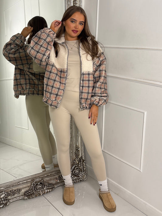 Zip Up 1/2 Printed Fleece Jacket - Beige/Check Print