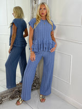 Cheesecloth Oversized Frill Bottom Top & Wide Leg Pants Co-Ord - Denim Blue