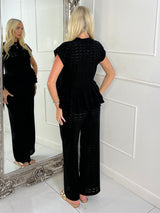 Cheesecloth Oversized Frill Bottom Top & Wide Leg Pants Co-Ord - Black