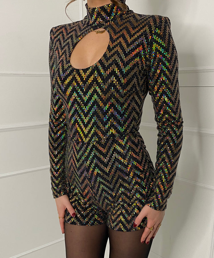 Holographic Sequin Keyhole Padded Shoulder Playsuit - Gold Zigzag