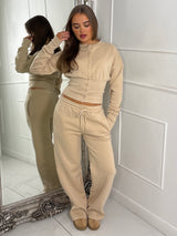 Button Up Cinch Waist Tracksuit - Beige