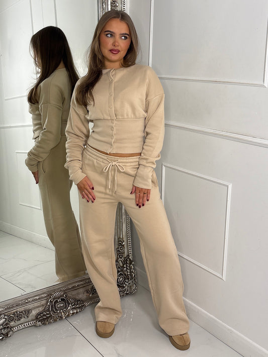 Button Up Cinch Waist Tracksuit - Beige