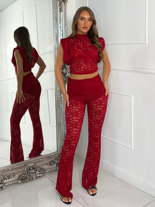 Lace Flares and Padded Shoulder Top Co-Ord - Red