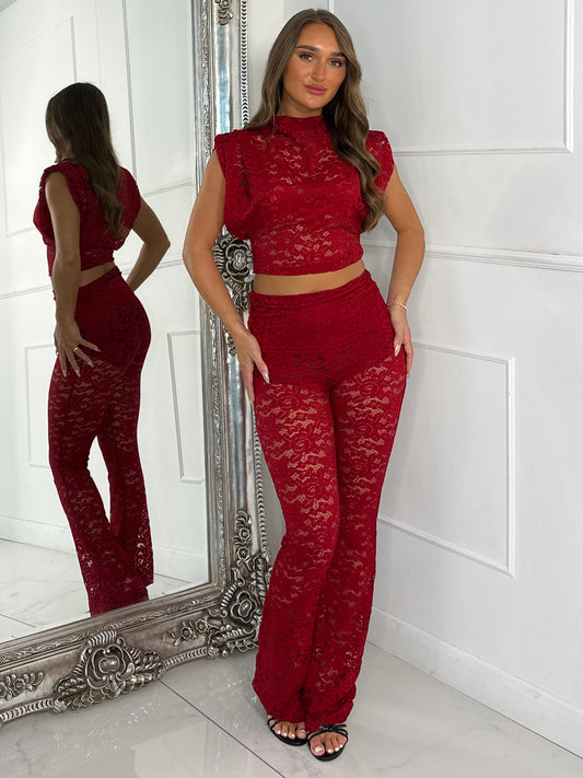 Lace Flares and Padded Shoulder Top Co-Ord - Red