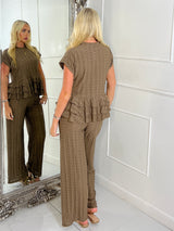 Cheesecloth Oversized Frill Bottom Top & Wide Leg Pants Co-Ord - Chocolate