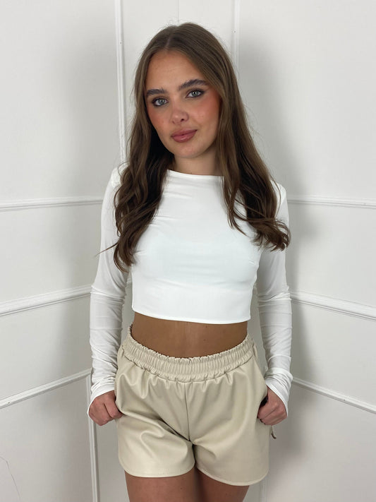 Padded Shoulder Long Sleeve Crop Top - White