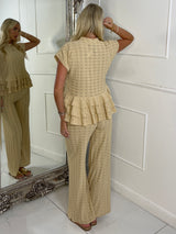 Cheesecloth Oversized Frill Bottom Top & Wide Leg Pants Co-Ord - Beige