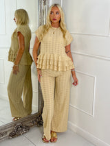Cheesecloth Oversized Frill Bottom Top & Wide Leg Pants Co-Ord - Beige