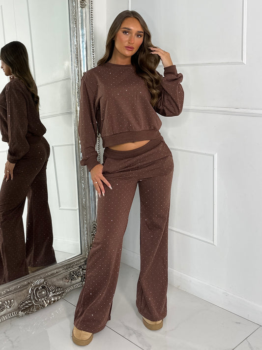 Diamante Studded Straight Leg Tracksuit - Brown