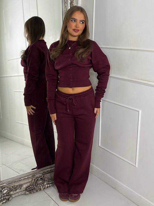 Button Up Cinch Waist Tracksuit - Wine