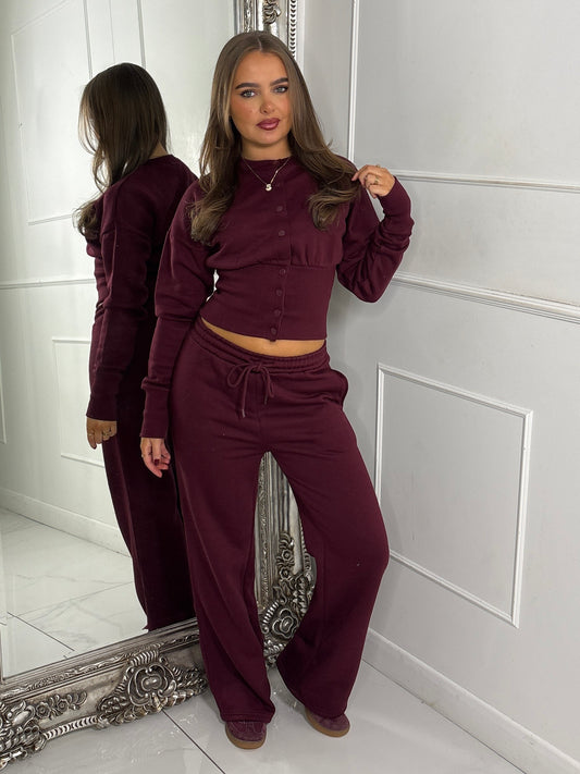 Button Up Cinch Waist Tracksuit - Wine