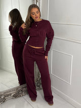 Button Up Cinch Waist Tracksuit - Wine