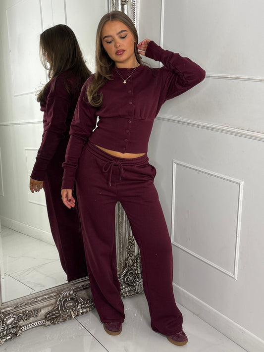 Button Up Cinch Waist Tracksuit - Wine