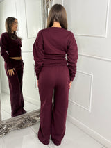 Button Up Cinch Waist Tracksuit - Wine