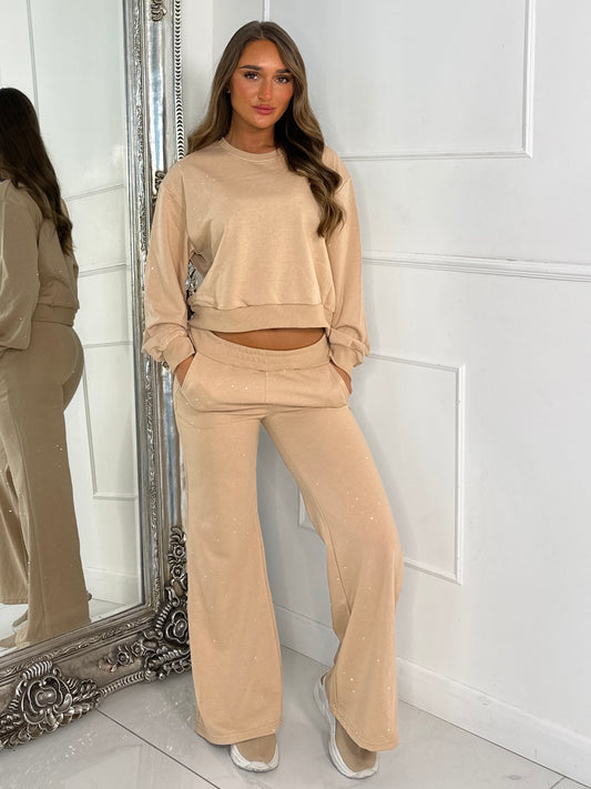 Diamante Studded Straight Leg Tracksuit - Beige