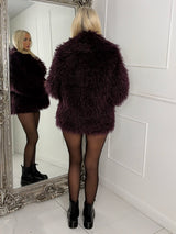 Long Collared Faux Fur Jacket - Wine