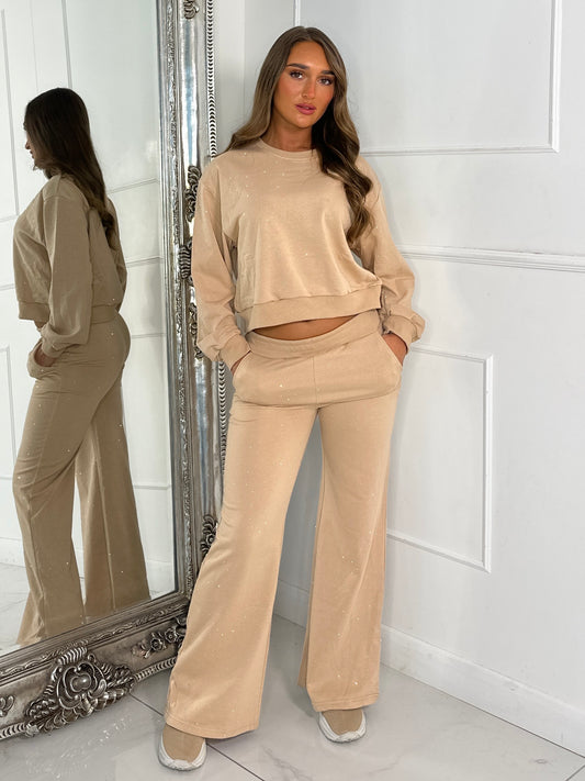 Diamante Studded Straight Leg Tracksuit - Beige