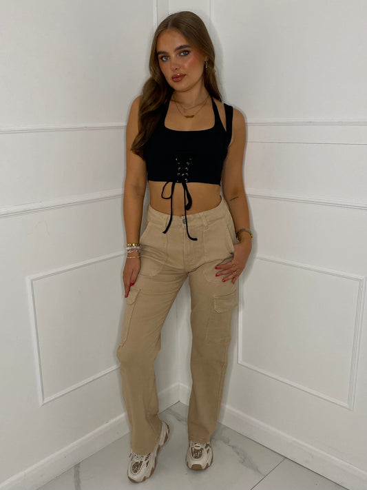Lace Up Detail Crop Top - Black