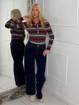 Collared Gold Button Striped Bodysuit - Wine