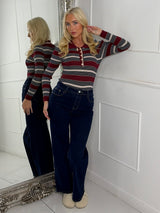 Collared Gold Button Striped Bodysuit - Wine
