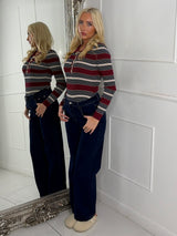 Collared Gold Button Striped Bodysuit - Wine