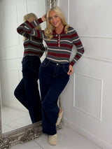 Collared Gold Button Striped Bodysuit - Wine