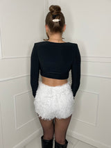 Feather Detail Low Waisted Shorts - White