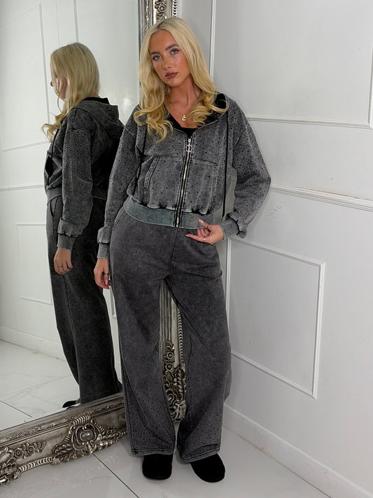 Diamante Detail Zip Up Tracksuit - Grey Wash