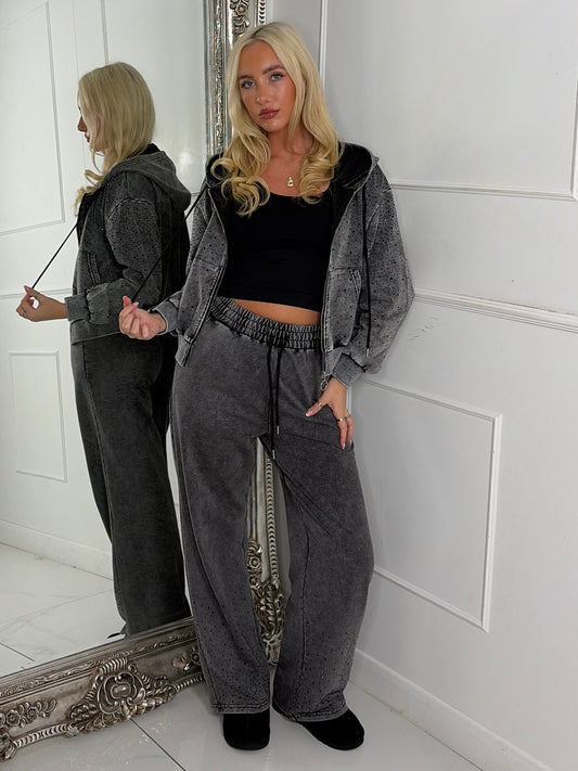Diamante Detail Zip Up Tracksuit - Grey Wash