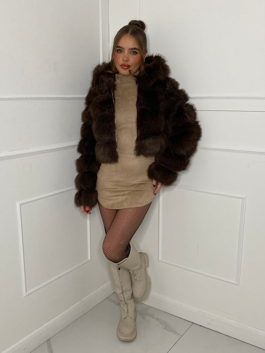 Hooded Faux Fur Jacket- Brown