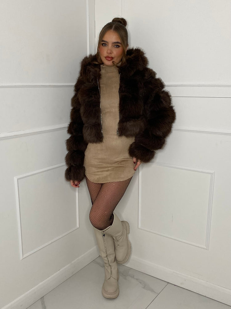 Hooded Faux Fur Jacket- Brown