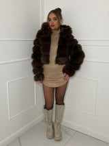 Hooded Faux Fur Jacket- Brown