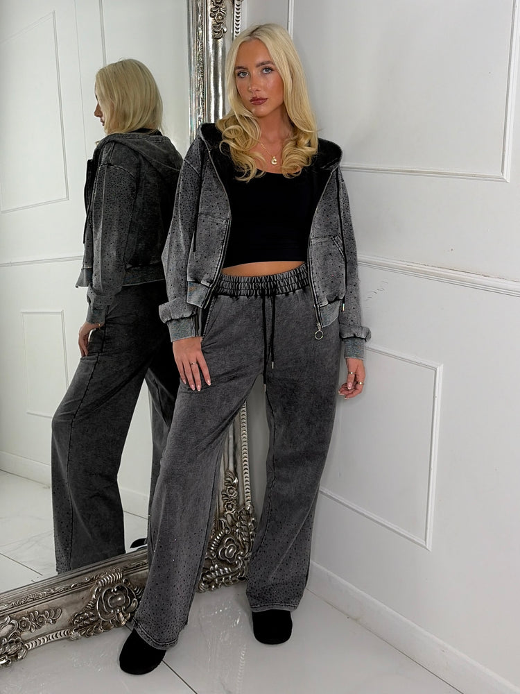 Diamante Detail Zip Up Tracksuit - Grey Wash